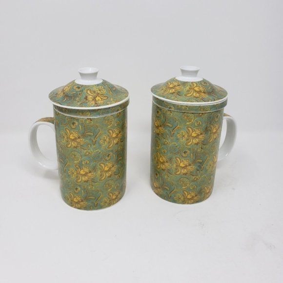 Cost Plus World Market Other - Pair of World Market Green Yellow Paisley Ceramic Floral Tea Infuser Mugs